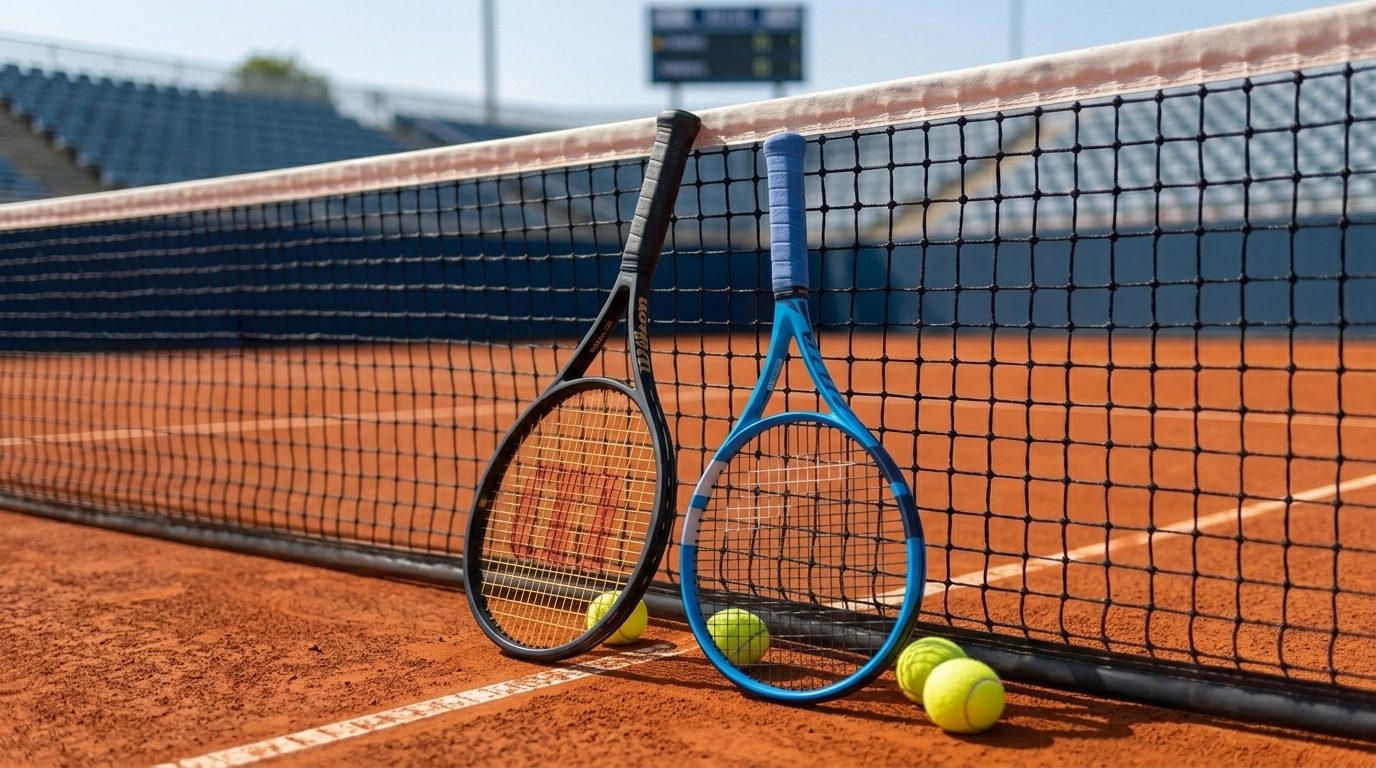 Two racquets leaning against the net on a clay court, with tennis balls at their base